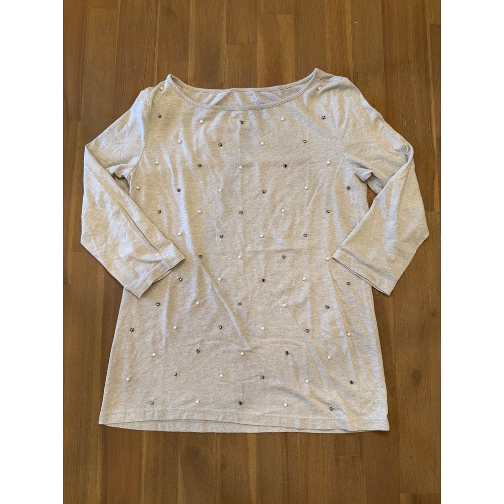 Ann‎ Taylor LOFT Womens Gray Pearl Rhinestone Embellished 3/4 Sleeve Top Size M
